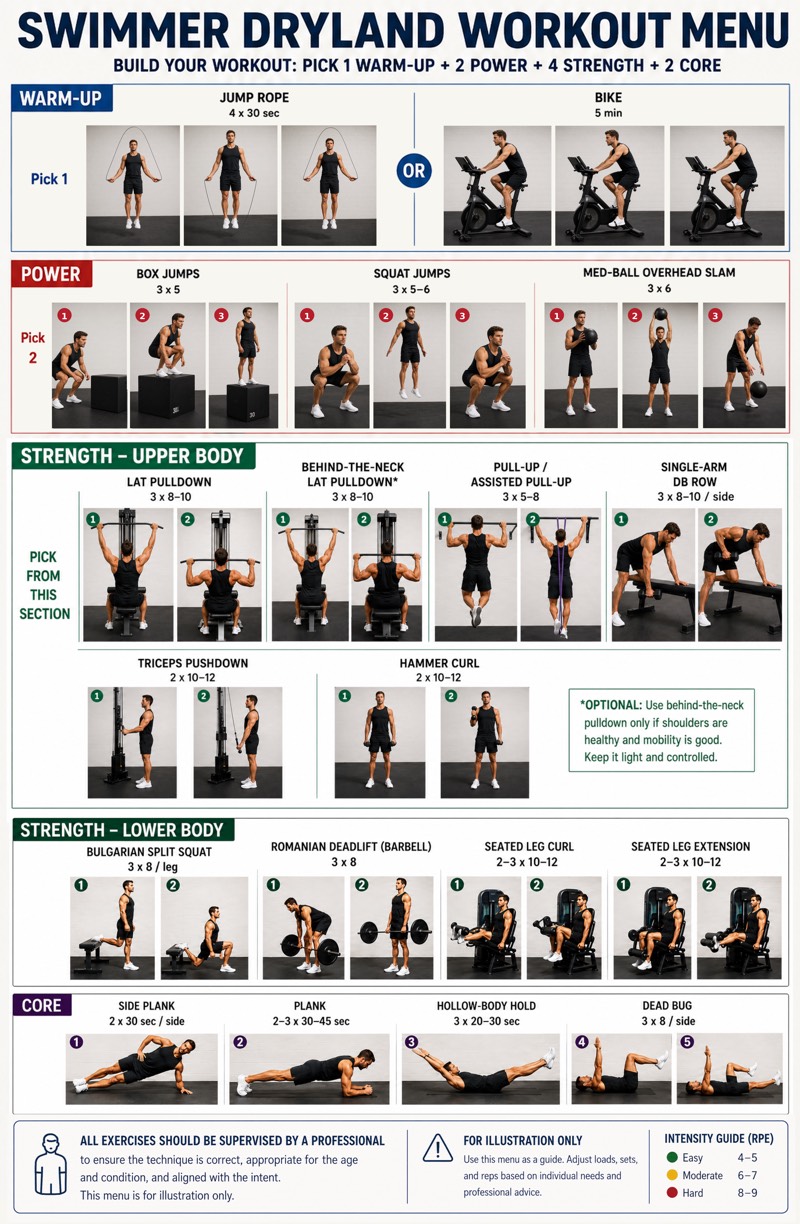 dryland workout poster for swimmers with warm-up, power, strength and core exercises
